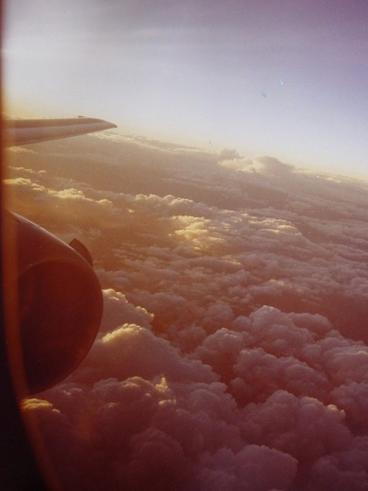 A jetliner's wing and engine above the clouds at sunset.