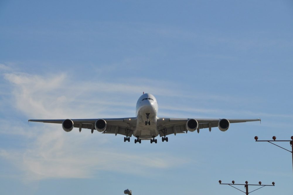 Airbus A380 on approach: four engines, gear down, two full decks.