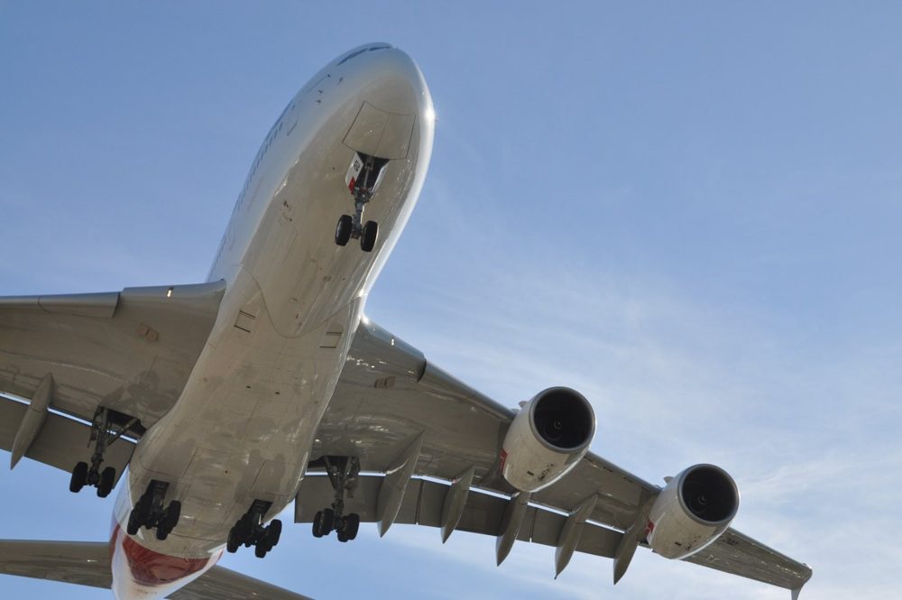 Qantas Airbus A380 on short final, seen from directly below.
