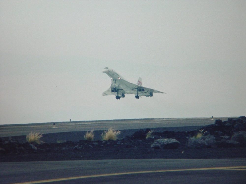 Concorde descending over the lava fields at Kona, Hawaiʻi Island.
